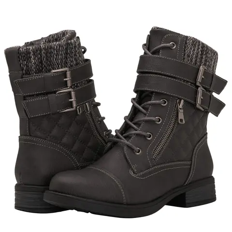 GLOBALWIN Women's Grey Casual Combat Lace-Up Ankle Booties - Low Heel Shoes for Women, Lace-Up Adjust Feature, Mid-Calf Style Note, Size 7M