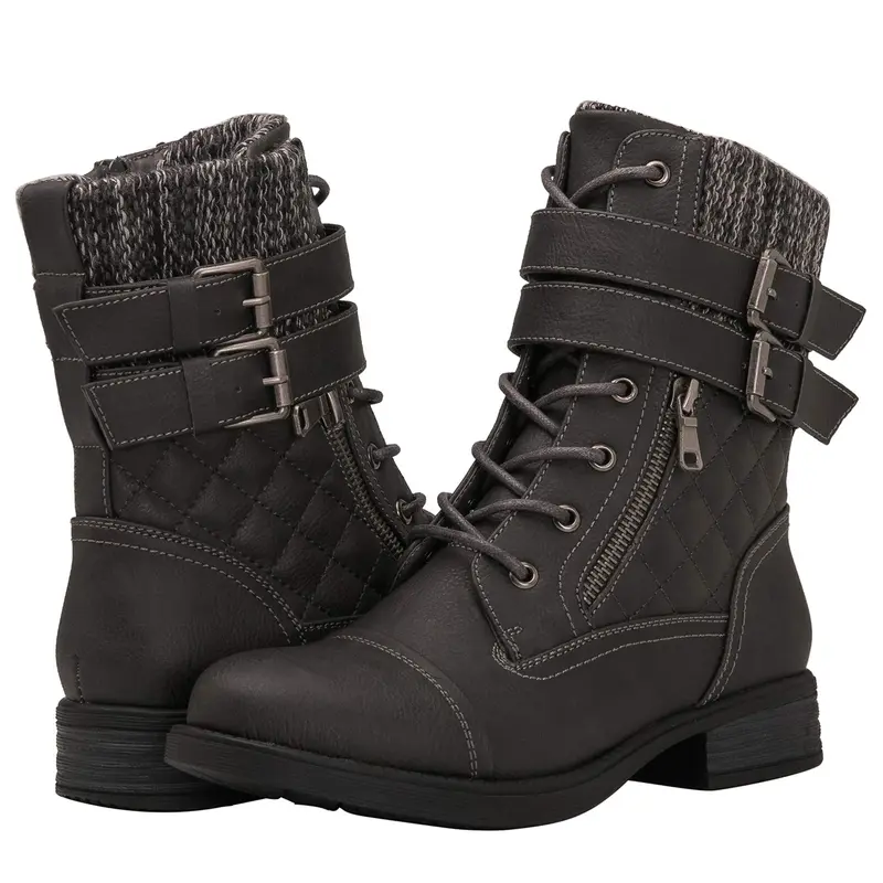 GLOBALWIN Women's Grey Casual Combat Lace-Up Ankle Booties Footwear - Low Heel Shoes, Lace-Up Adjust, Edgy Fashion, Effortless Wear, Outdoors Zip, Size 7M (Note: Mid-Calf Style Clarification)