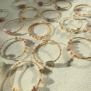 Strong Light Freshwater Pearl Bangles - Elegant Gold-Tone Bracelets with Pearl Accents for Stylish Wear