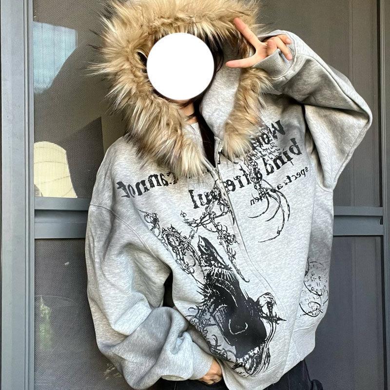 Women Y2k Aesthetic Tie-dye Printing Hoodies Harajuku Vintage Fur Patchwork Hooded Hoody Casual Grunge Oversized Sweatshirts