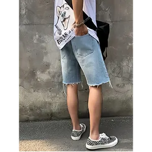 Men's Distressed Denim Shorts with Rugged Edge Detailing - Loose Fit Mid-Length Five Quarter Pants, Non-Stretch Casual Summer for Streetwear & Everyday Outfits, Trendy Frayed Hem Jean Menswear