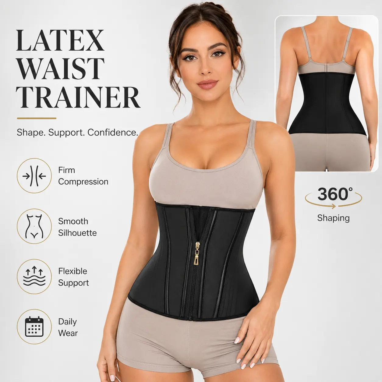Women's Latex Waist Cincher, Hourglass Style Tummy Control Shapewear with Zipper and Strong 360-Degree Compression for Universal Fitness, Zippered