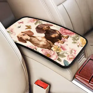 1pc-Floral Dachshund Duo, Universal Print Pattern Car Armrest Cushion - Center Console Pad Cover, Non-Slip Washable Protector Mat for Auto, SUV, Truck - Comfortable Seat Console Armrest Accessories.