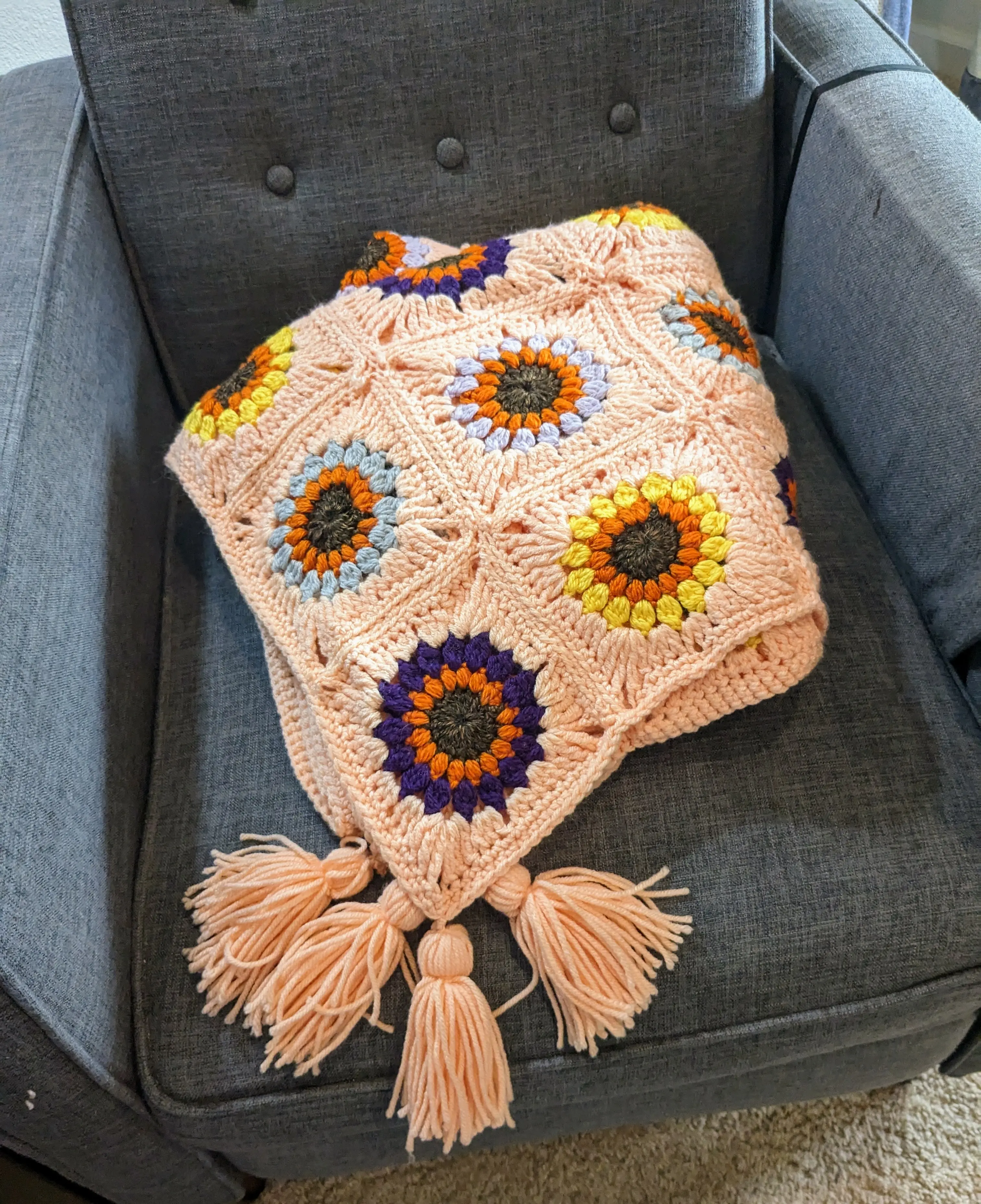 CraftedbyTW Handmade Crochet Peach Flower Granny Square Blanket - Durable Deep Purple Botanical Acrylic Yarn, Coastal Sunset Vibes, Gold Oversize Tassels, Sunburst Squares, Customized Coastal Room Decor, Boho Aesthetic