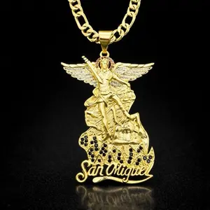 Saint Michael Archangel Pendant Necklace with 20" 4mm Cuban Chain, Elegant 2.36" Color Crystal Bling Charm, Unisex Religious Jewelry