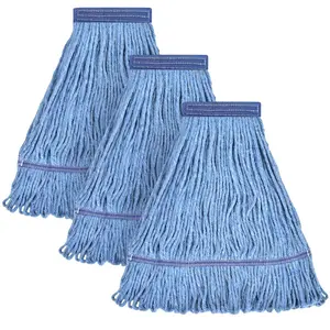 CLEANING Heavy Duty Mop Head Commercial Replacement for General and Floor Cleaning , Wet Industrial Blue Cotton Looped End String Head Refill (Pack of 3) Blue Disposable Household
