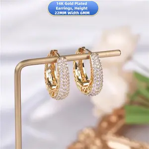 New 14K Gold Plated U-Shaped Geometric Earrings, Sparkling Full-Paved Zircon Hoop Earrings, 22×6mm (0.87"×0.24"), Anti-Tarnish & Fade-Resistant for Daily Wear, Hypoallergenic, Luxury Fashion Jewelry, Perfect Gift for Her.