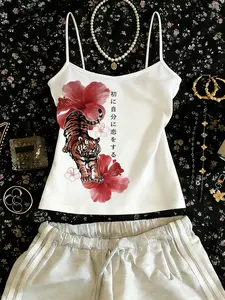 Y2K Retro Japanese Floral Tiger Print Halter Top, Comfortable Casual Wear, Slim-Fitting Short Sleeve Tee, Daily Fashion, Womenswear