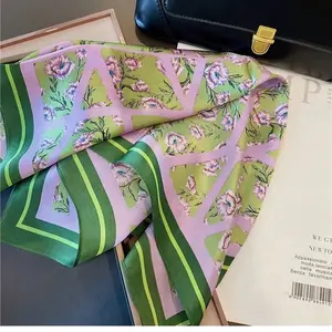 100% Silk Floral Scarf - Elegant Accessory for Everyday Wear - Green & Pink Colorful Design20.8”x20.8”