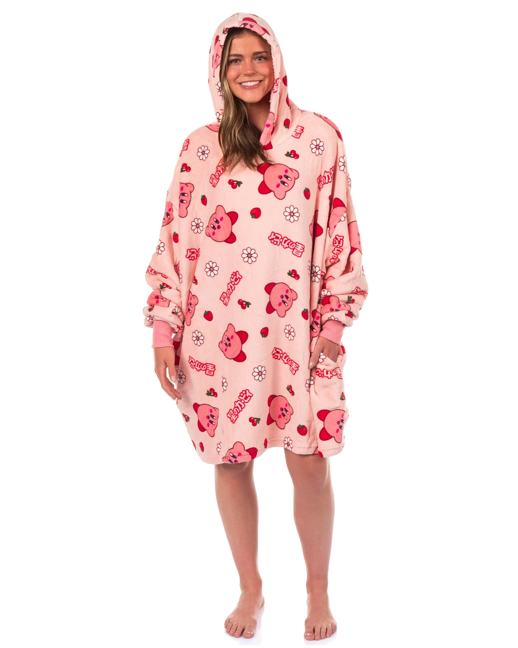 Kirby Flower and Cherry Motif Adult Plush Fleece Wearable Blanket Hoodie - Ribbed Long Sleeve Pullover Sweatshirt, OSFA
