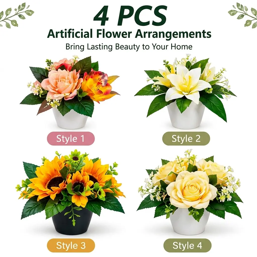 4 Styles Artificial Flower Arrangements for Home Decor, Small Potted Faux Flowers for Tabletop, Desk, Dining Table, Coffee Table, Office, Bedroom & Living Room, Realistic Decorative Centerpiece Flowers