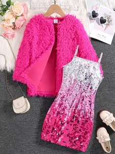 Girls Fashion Trendy Spring Autumn Set, Long Sleeve Knit Jacket Top + Sequin Gradient Strap Dress, Casual Comfortable Kids Clothing Edc Outfits Girls