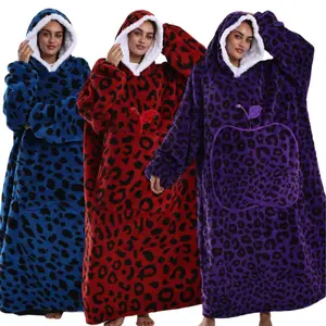 New Long Robe Blanket Leopard Print, Multi-Color Options, Large Pocket Design, Hooded Sweatshirt Sleepwear, Outdoor Warmth & Comfort, Leopard Pattern Blanket