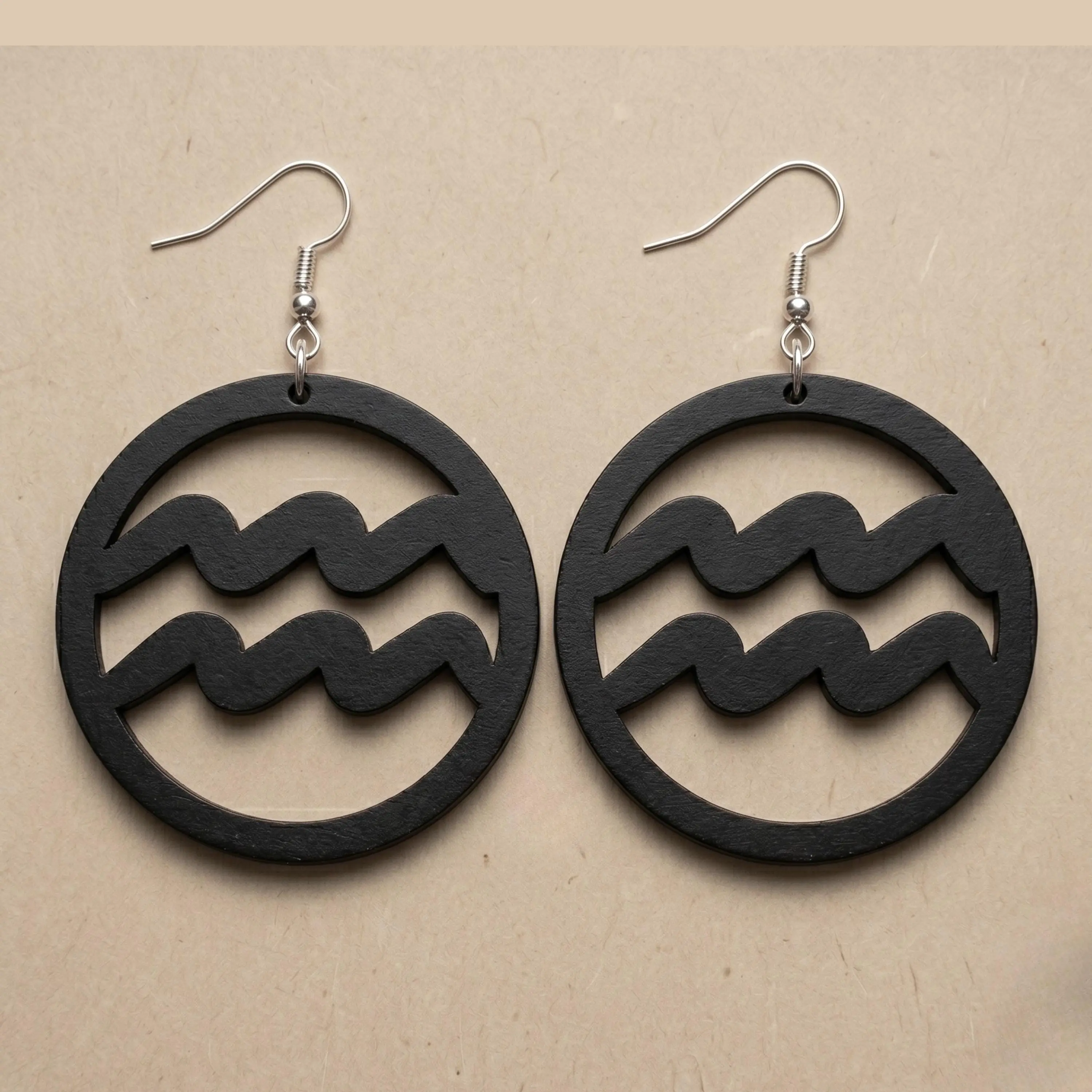 Aquarius Black Wood Zodiac Earrings, Hand-Finished, Casual Style, Approx. 3 Inches Costume Jewelry Accessory