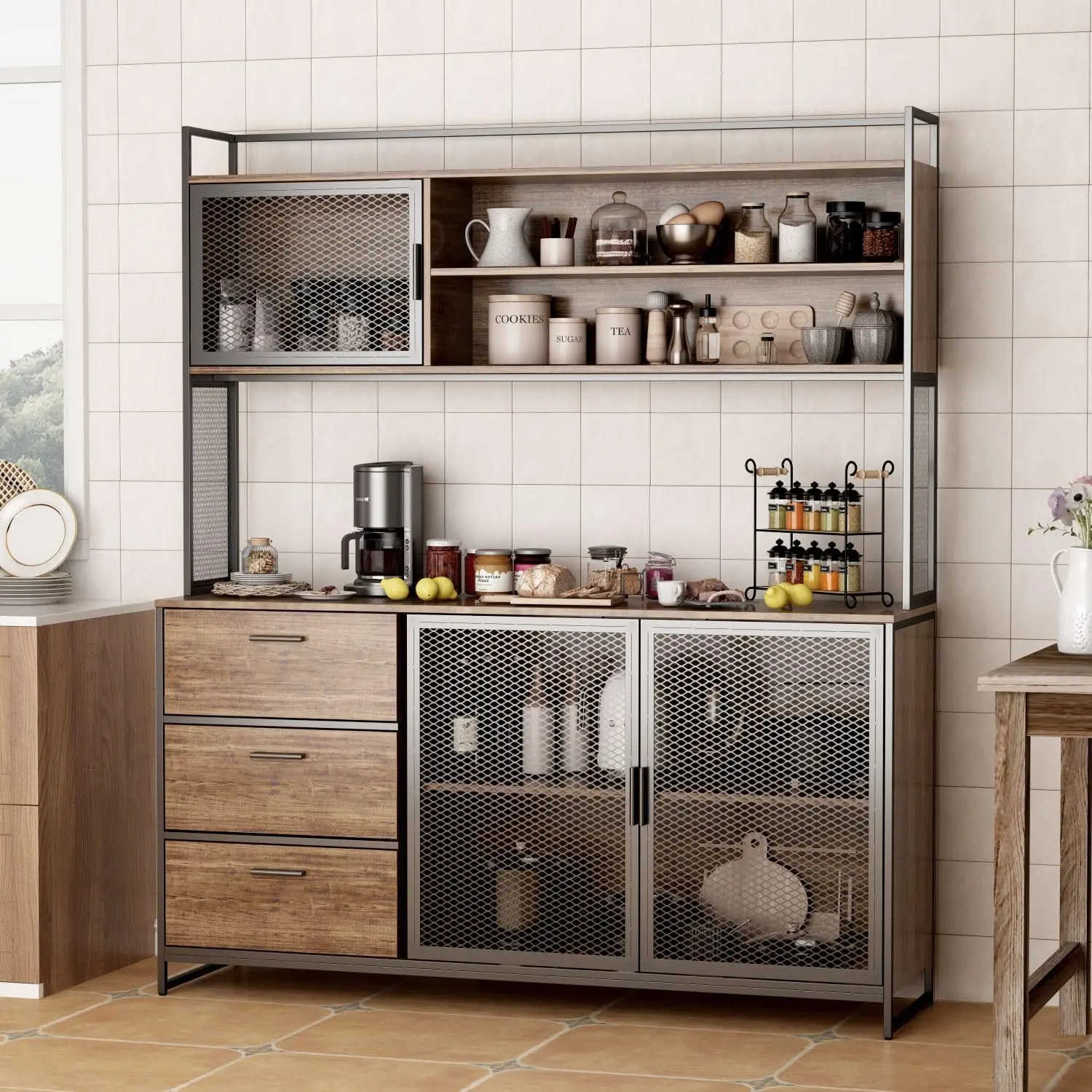 FUFU&GAGA Kitchen Hutch Storage Cabinet with Drawers & Iron Doors, Kitchen Pantry with Metal Frame, for Hallway Deep Walnut (59”W x 15.7”D x 68.5”H)