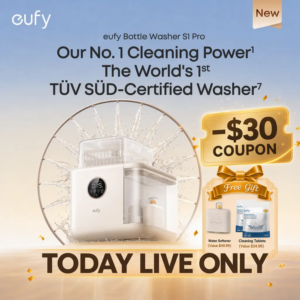 NEW eufy S1 Pro Bottle Washer, Built-in Water Softener, All-in-One 3D HydroBlast Washer, 212°F Steam Sterilizer & Thoroughly Fast Dryer, Largest 10-Bottle Capacity, Smart App Control, Hands-Free,techvibes
