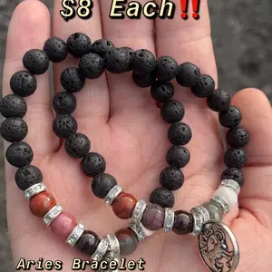 Handmade Natural 8mm Aries Lava Stone Zodiac Crystal Bracelet With Selenite, Bloodstone, Red Garnet, Rhodonite, and Red Jasper