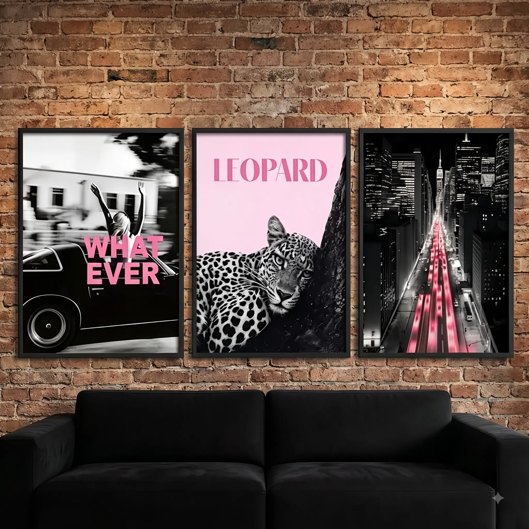 Leopard Wall Art Set of 3, Black Pink Aesthetic Poster Triptych, Urban Fashion Decor, Modern Bedroom Living Room Wall Decoration