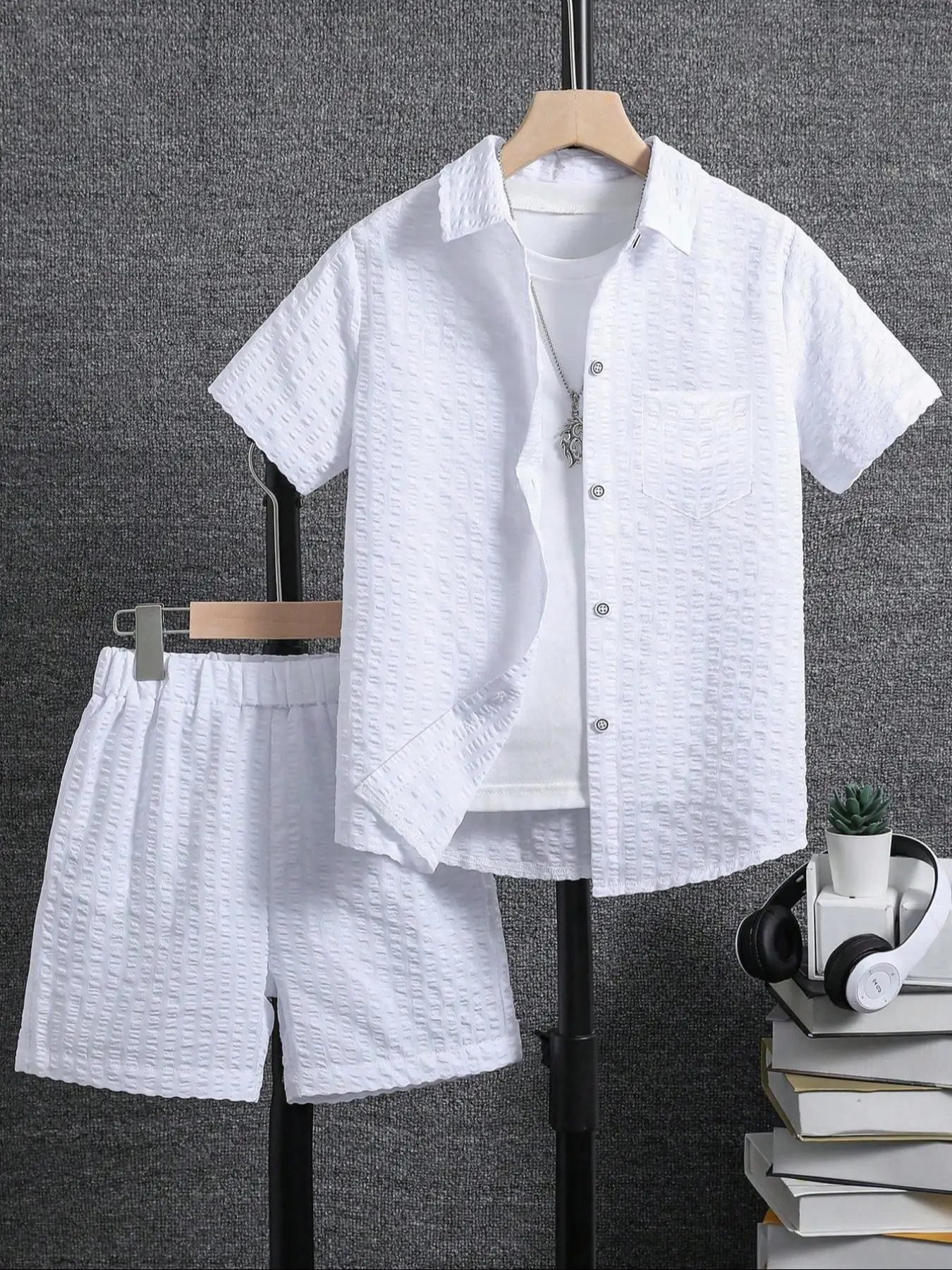 Two-piece Set Boy's Shirt & Shorts, Casual Short Sleeve Collared Top & Shorts, Kids Summer Clothes for Daily Wear