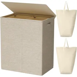 154L Laundry Hamper with Lid and Removable Laundry Bags, Large Dirty Clothes Hamper 2 section Collapsible Laundry Basket Dorm Room for Bedroom,, College,Wheat