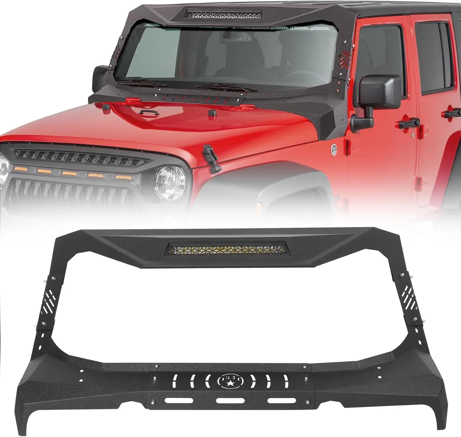 Wrangler JK Madmax Windshield Frame Cover Roof Sun Visor Cowl Body Armor Accessories for Car, 100W LED Textured Sun Visor Cover Compatible with 2007-2018 Jeep Wrangler JK & Unlimited 2/4 Door