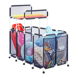 VEVOR Pool Storage Bin, Summervibes,Summervibes, 64.96 x 33.46 x 64.96 in, Rolling Pool Float Storage Organizer with Side Pockets & Noodles Holder Rack, Durable Plastic Frame, Poolside Toys Mesh Basket for Swimming Pools
