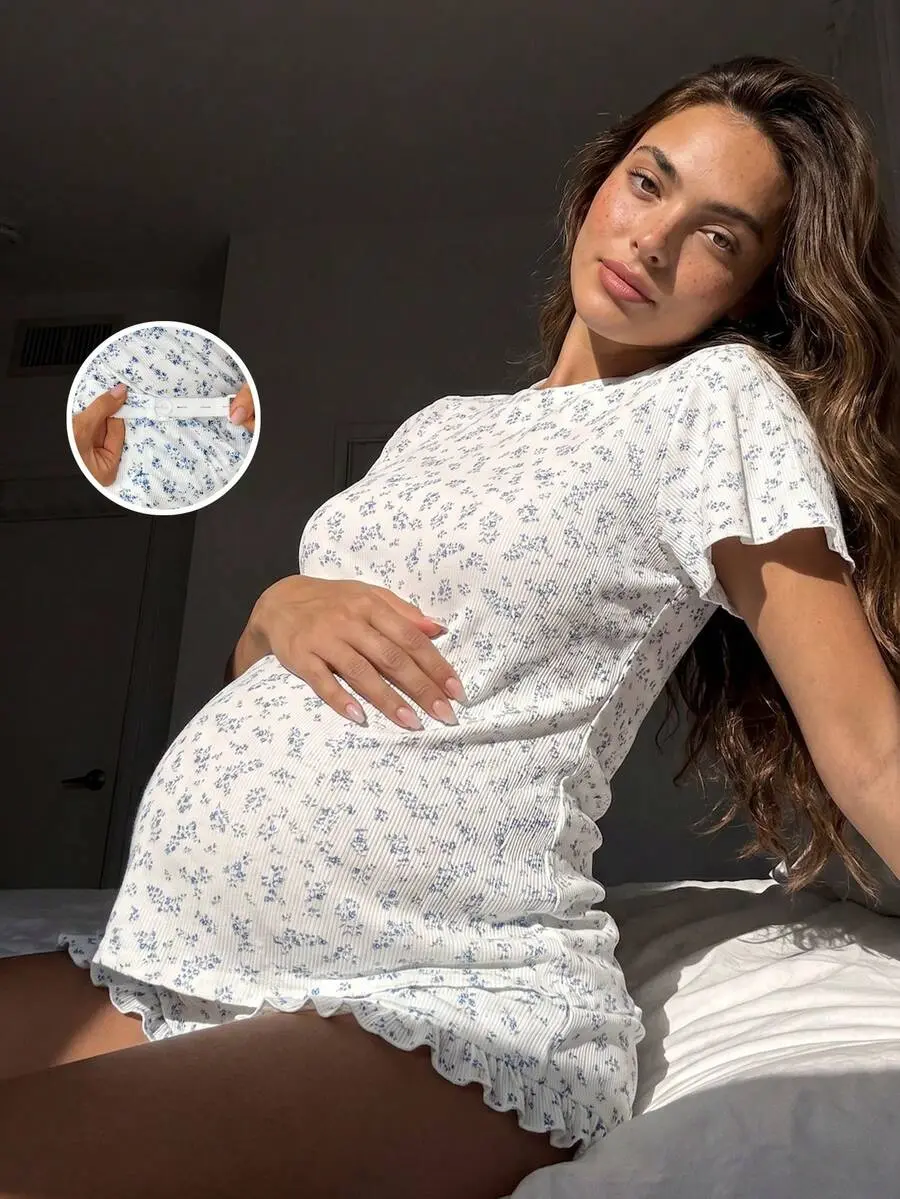 2pcs Maternity White Summer Fairy Ditsy Floral Short Sleeve T-Shirt And Adjustable Waist Shorts Casual Set,Women Loungewear Pajama Sleepwear Set