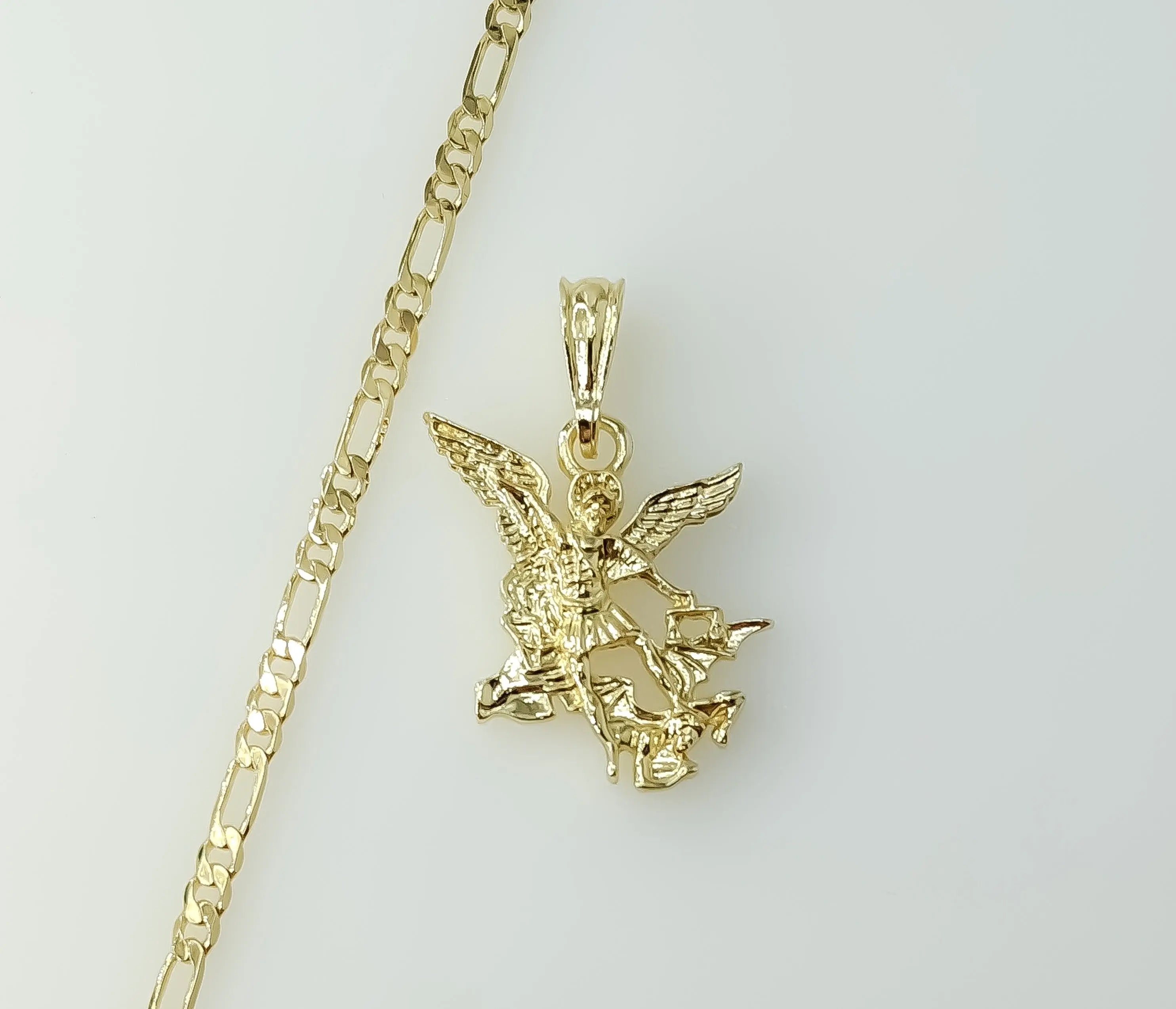 Plated Small Archangel Saint Michael 3mm Figaro Chain Necklace