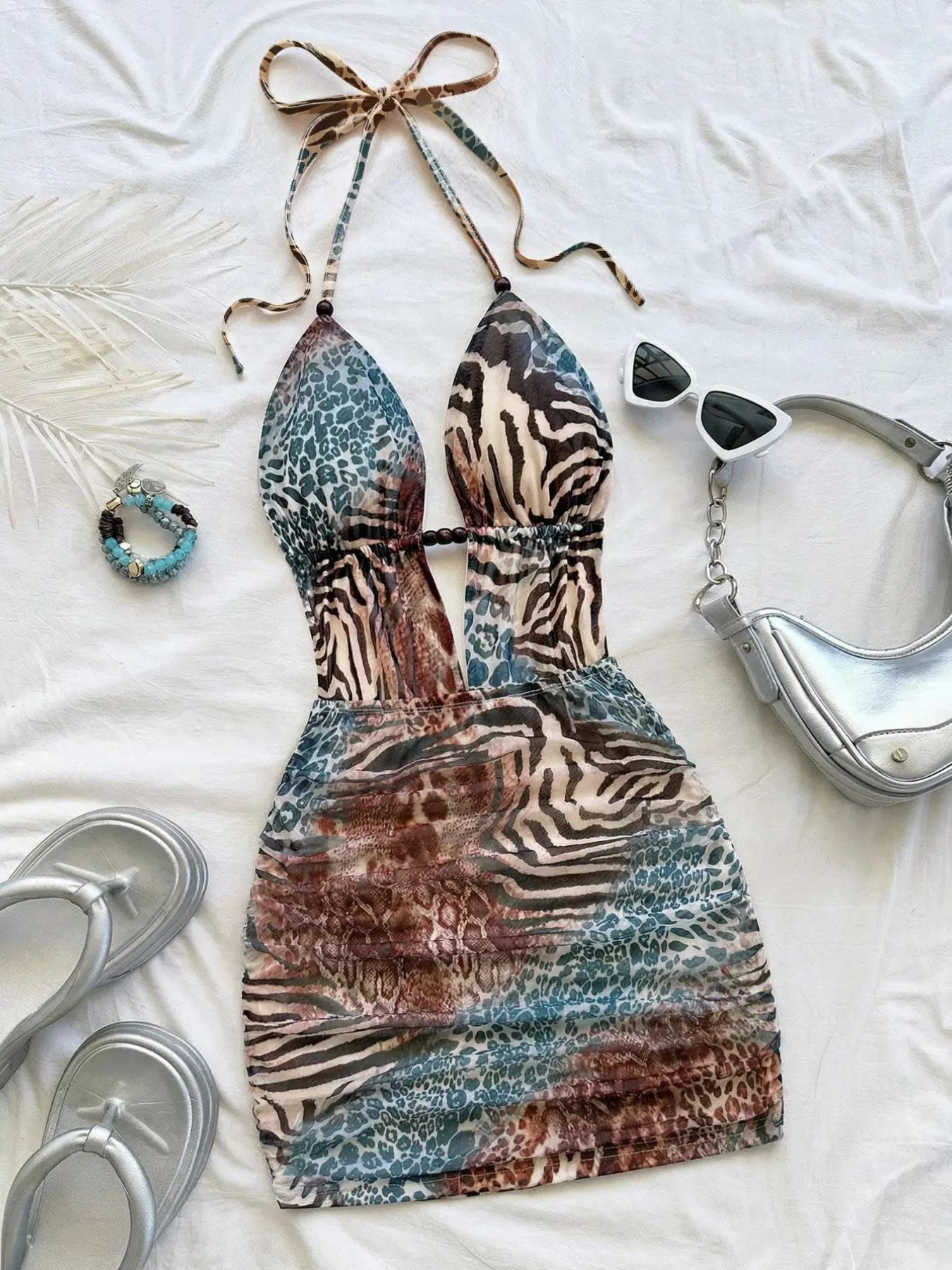 Women's Vintage Tie-Dye Abstract Leopard & Zebra Print Deep V Backless ...