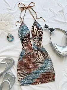 Women's Vintage Tie-Dye Abstract Leopard & Zebra Print Deep V Backless Belted Ruched Tight Mini Dress, Sexy Fashion for Vacation Date