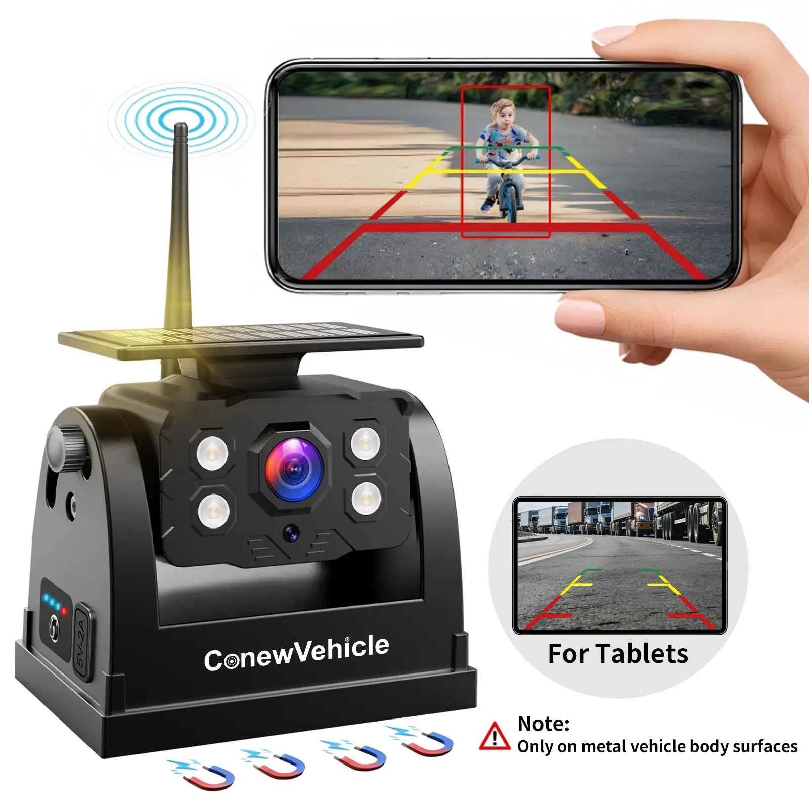 ConewVehicle WiFi Magnetic Solar Wireless Backup Camera,1080P HD Rear View for Truck/RV/Trailer/Car,24H Long Battery,Infrared Night Vision,Waterproof,Recording,Easy & Safe Parking