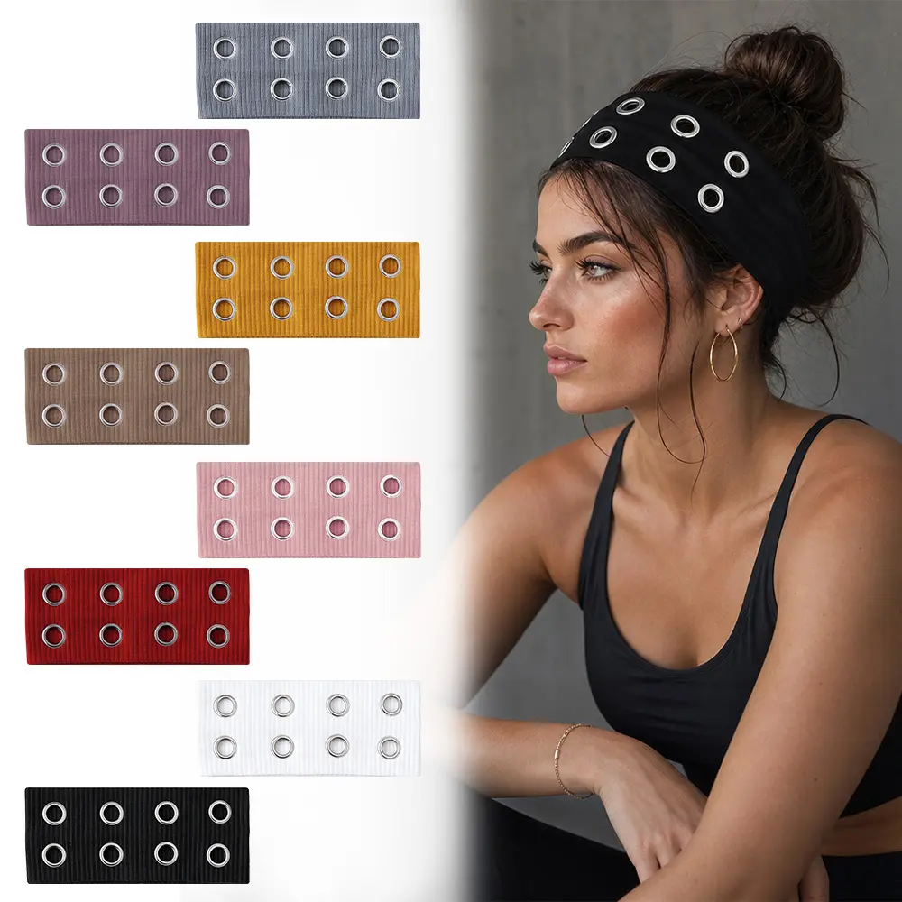 8Pcs Multi‑Color Grommet Eyelet Headbands Set, Y2K Punk Goth Grunge Wide Fabric Non‑Slip Headbands, Metal Detail Secure Anti‑Slip Hair Bands, Trendy Festival Party Travel Daily Hair Accessories for Women Men