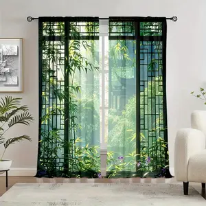 Chinese Style Plant Pattern Door Curtain, 1 Set Chinese Style Garden Printing Door Curtain, Home Decor for Living Room Bedroom