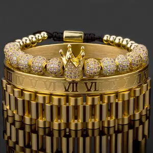 European and American vintage Crown Woven bracelet Roman letters stainless steel mesh open bracelet set three unisex bracelets