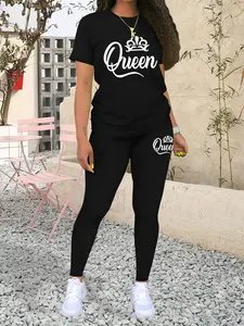 QUEEN Pattern Print Women's Fit Solid Color Tee & Skinny Pants Two-piece Set, Fashion Casual Round Neck Short Sleeve T-shirt & Trousers for Spring & Fall, Ladies Clothes for Daily Wear