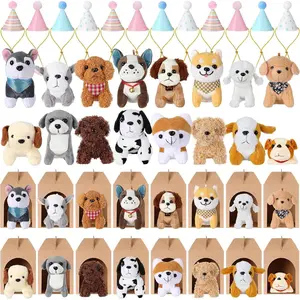 48 Pcs Mini Plush Dog Toy Bulk Stuffed Animals Set Plush Assorted Soft Small Puppy with Birthday Hats Kraft Paper Boxes for Animal Theme Birthday Party Gift