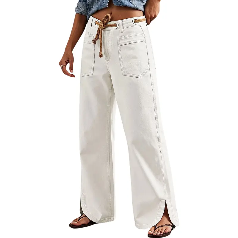 Flamingals Solid Split Drawstring Patched Pocket Mid Waist Wide Leg Pants Stretchy 29.7'' Inseam