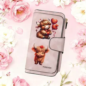 1pc Cute Highland Cattle pattern women's long wallet, multi-functional wallet, portable snap coin purse, birthday gift and daily commuting essential, perfect holiday gift, suitable for outdoor, travel and family use, 3.24CYJ-2