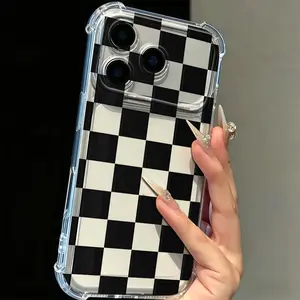 Black checkered four-corner drop-proof TPU phone case for iPhone Samsung Galaxy 17 Air 16Pro Max 15 14Plus 13 12 11 XR XS S26Ultra S25 S24 S23 Simple and stylish camera protection Shockproof Anti-Drop Shockproof Drop Protection Durable Phone Case.HY13