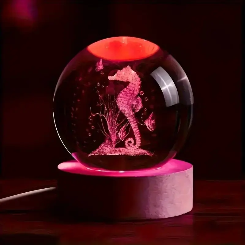 6cm 3D Tech Crystal Ball Seahorse Figurine - Compact Glass Sea Creatures Ornament with 7-Color Nightlight, Animal Motif Home Decor, Best Friend Birthday Gift, Bedroom Statue Keepsake Paperweight