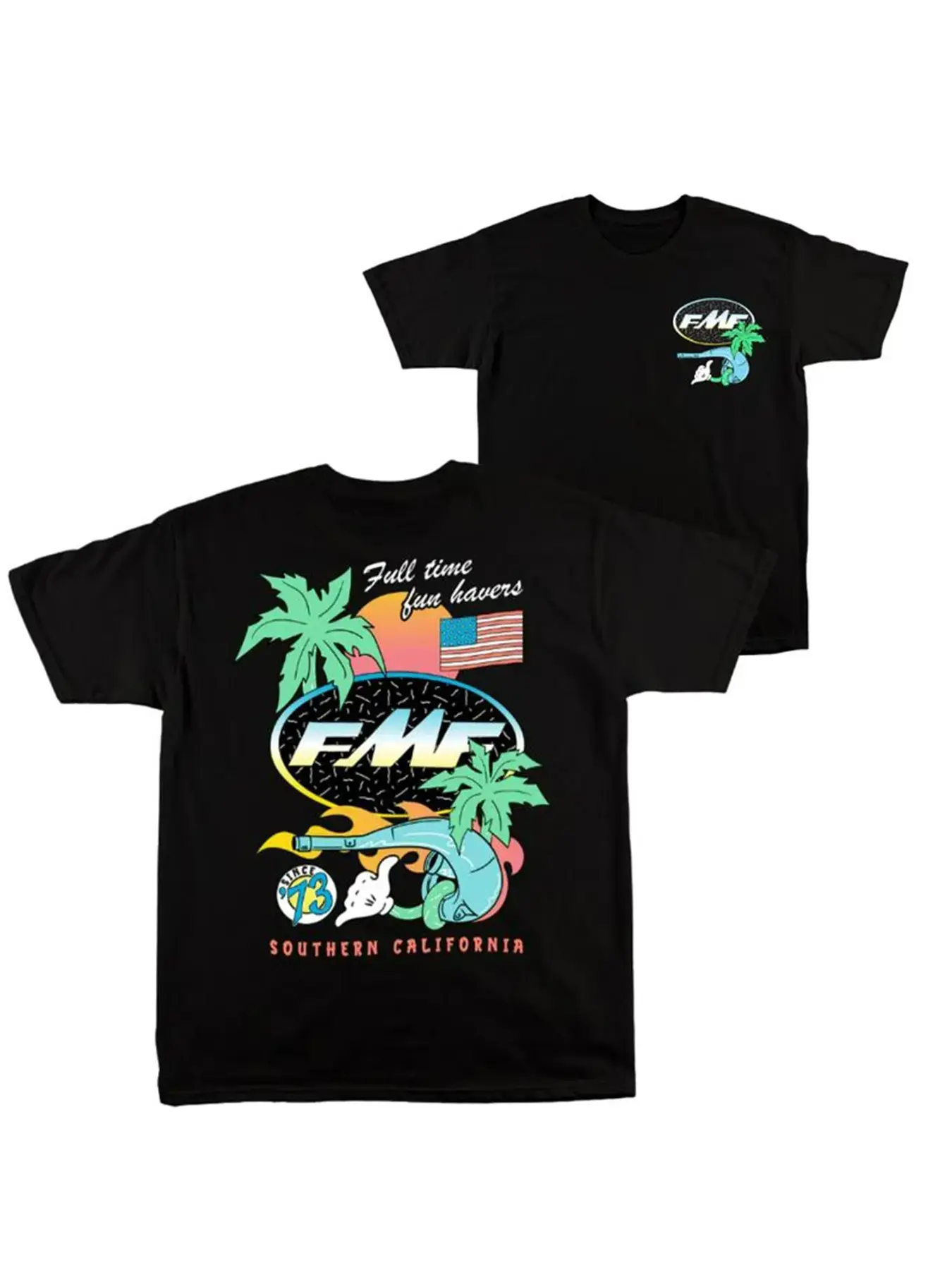 Vintage American Flag Palm Tree Sunset T-Shirt, FMF Exhaust Style Graphic Tee, Unisex Summer Casual Shirt, Streetwear Fitted Top