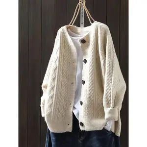 Beige Women's Sweater Cardigan - Elegant Open Front Sweater Coat, Non-Transparent Long Layering Piece for Everyday & Formal Outfits, All-Season Chic Sweater Jacket, Cardigan Sweater, Formal Layering, Buttoned Knitwear, Durable Buttons