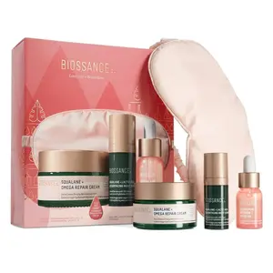 Biossance Love, Joy Bestsellers Set.Full Size Omega Repair Cream (1.69 oz) Travel Size Vitamin C Rose Oil (.4 oz) Travel Size Lactic Acid Resurfacing Serum (.34 oz) Sleep Mask Hydrate Skincare