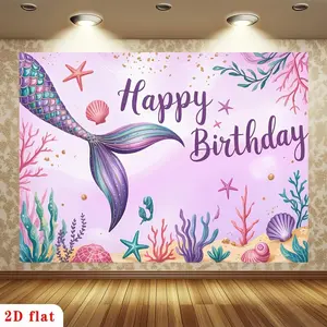 1pc Summervibes 2D Flat Happy Birthday Banner - Iridescent Mermaid Tail, Colorful Starfish, Seashells, Pink Underwater Background Polyester Backdrop for Party Decor, Home Supplies