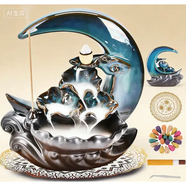 Ceramic Backflow Incense Fountain Burner, Hand-Made Aromatherapy Home Decoration with 100 Backflow Cones and Mat, Reusable Incense Holder, Fragrance Burner for Relaxation, Decorative Incense Stick Fountain