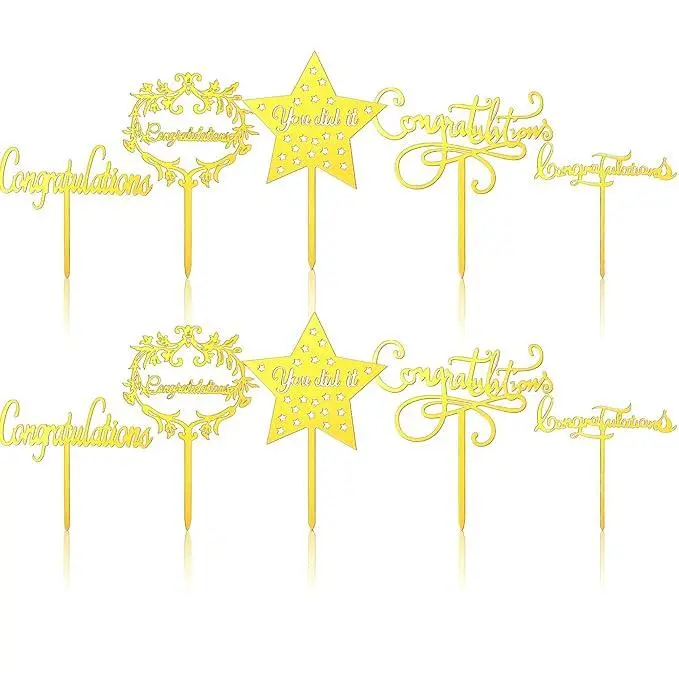 10 Pieces Congratulation Cake Toppers Gold Acrylic Cupake Toppers Cake Decorations for Graduation, Wedding, Job Promotion, Retirement Party