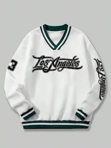 Men's Letter & Figure Print Striped Trim Drop Shoulder Sweatshirt, Loose Casual Preppy Style Long Sleeve V Neck Pullover for Fall & Winter, Men's Clothes for Daily Wear