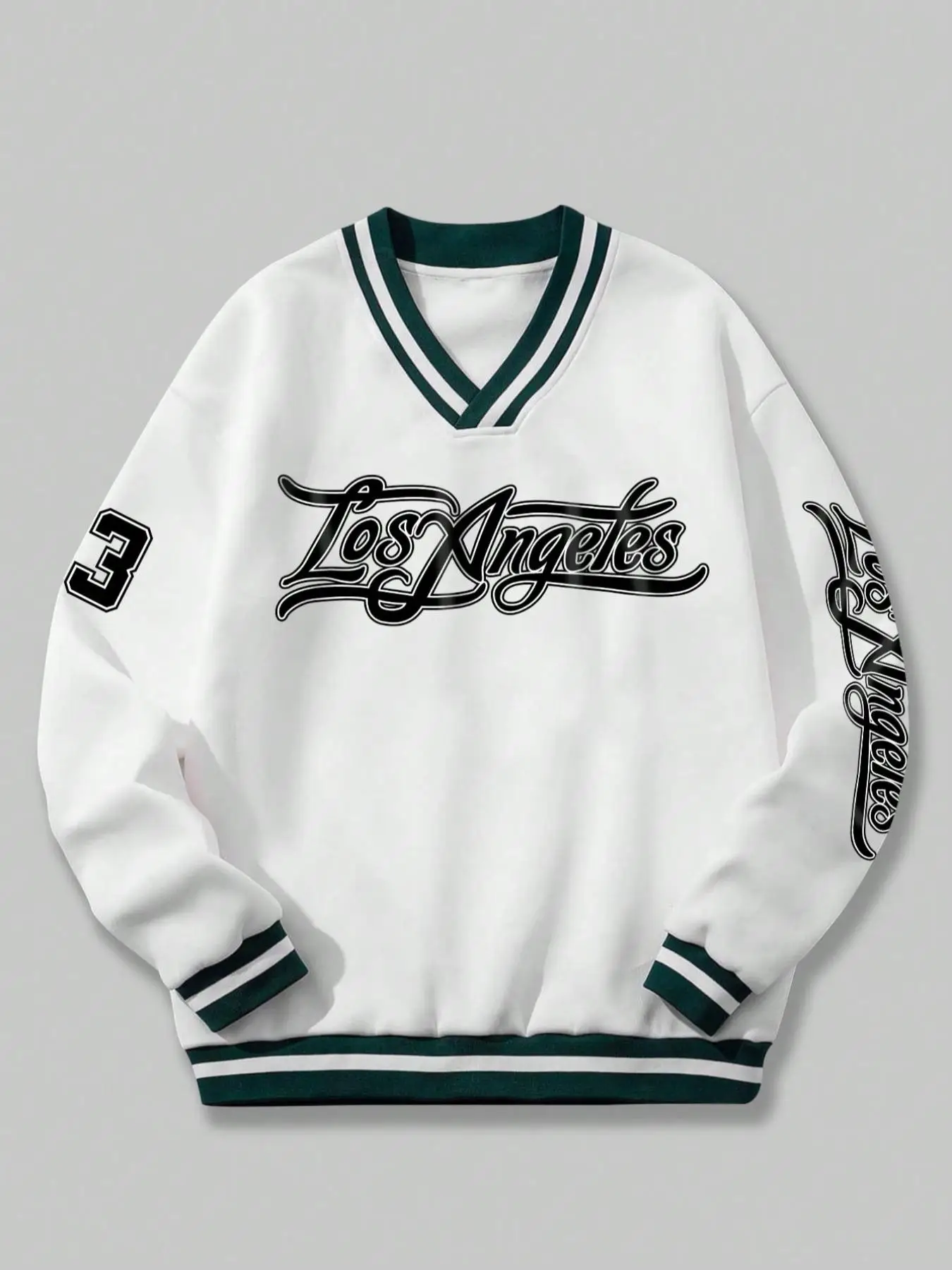 Men's Letter & Figure Print Striped Trim Drop Shoulder Sweatshirt, Loose Casual Preppy Style Long Sleeve V Neck Pullover for Fall & Winter, Men's Clot