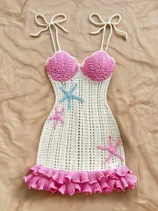 Summer Beach Crochet Dress For Women, Hollow Out Knitted Mini Dress With Starfish Embroidery, Pink Ruffle Hem Spaghetti Strap Tie Back Swimwear Coverups, Swimsuit Coverup, Y2K Outfit For Vacation Pool Party And Holiday, Beachwear Cover Up