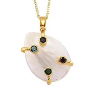 White Keshi Pearl, Simulated Multi Color Diamond Pendant Necklace (20 Inches) in Goldtone